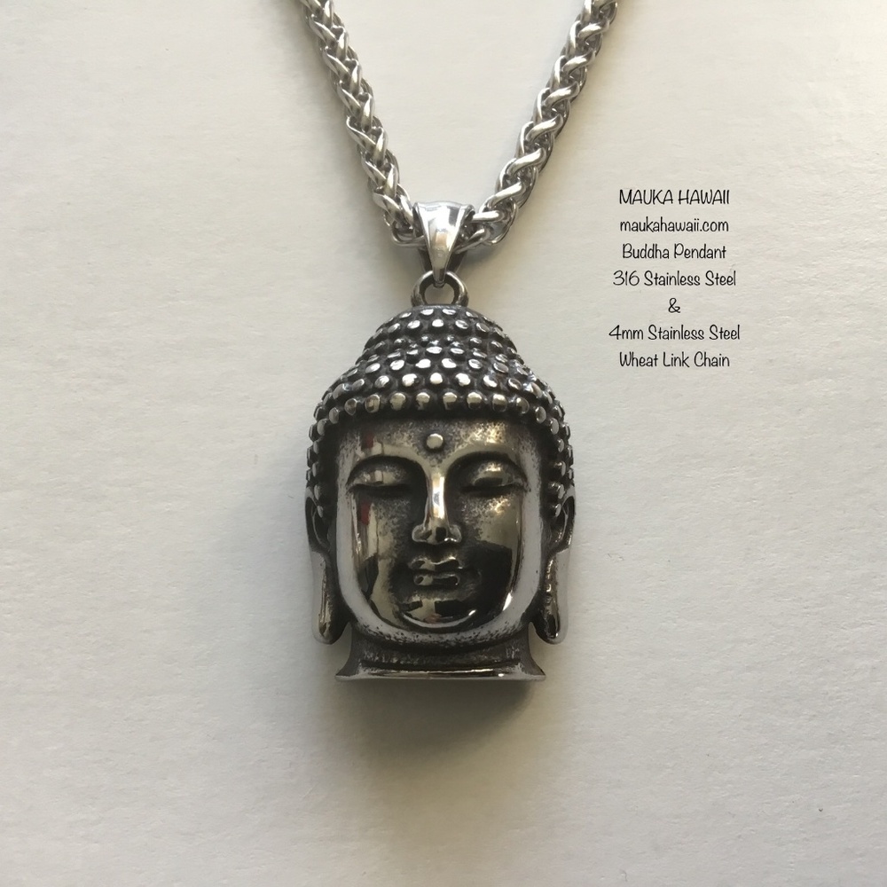 Gautama Buddha Siddhartha Buddhist Stainless Pendant & Custom Wheat Link Chain